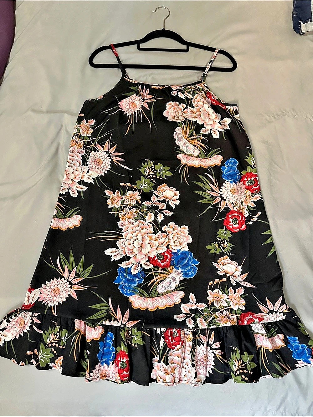 SHEIN VCAY Floral Print Ruffle Hem Cami Dress Black & Pink Size 6